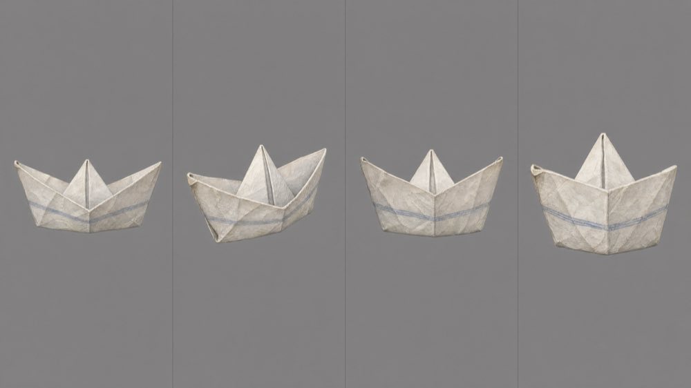 Character sheet — the paper boat, three views on one card